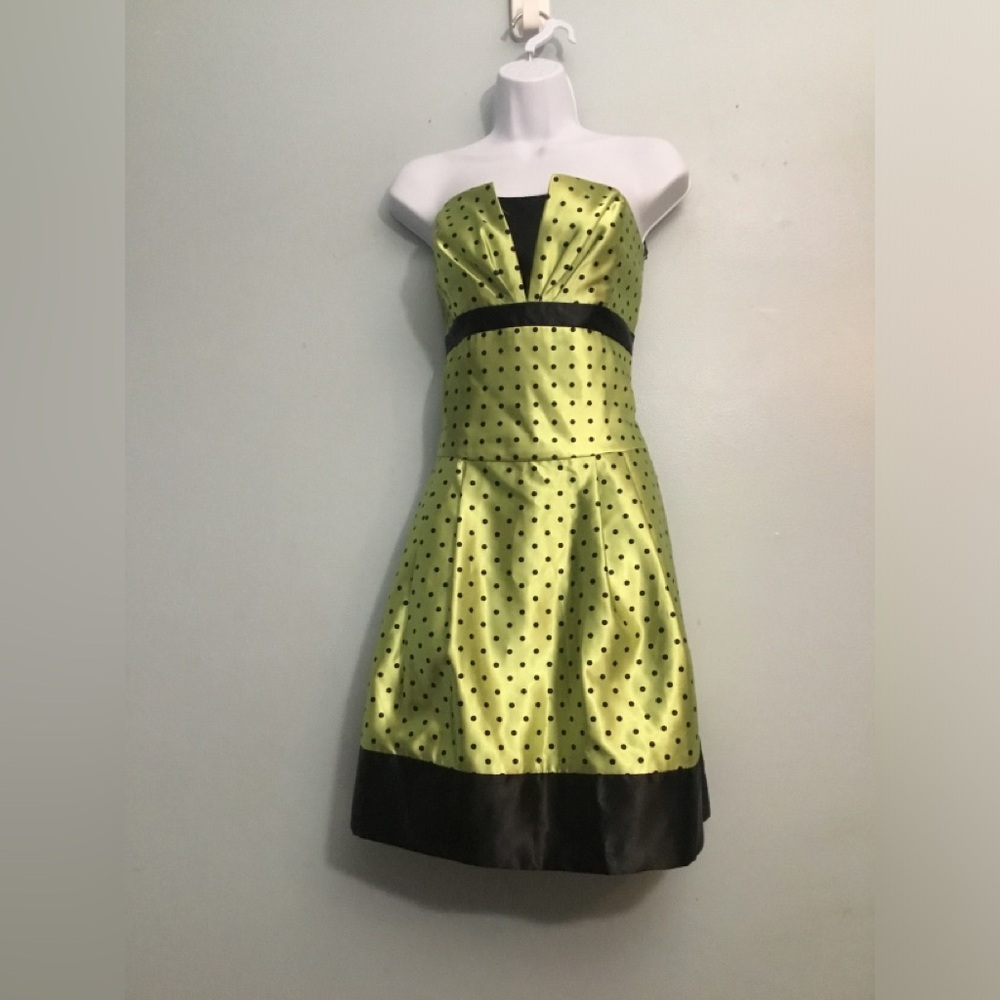 Jessica McClintock Lime Green and Black Polka Dot Strapless Dress